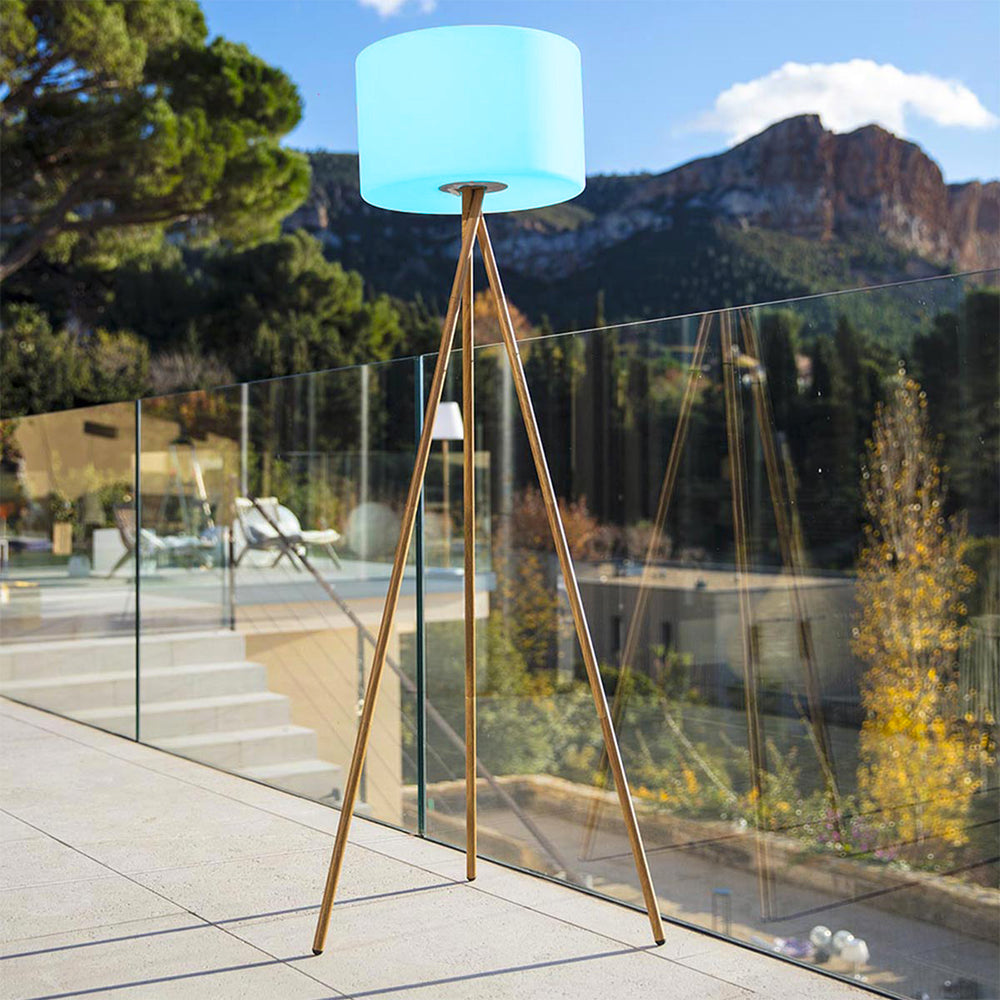 Wireless tripod floor lamp Scandinavian design outdoor wood color LED warm white/white dimmable TAMBOURY WOOD H155cm