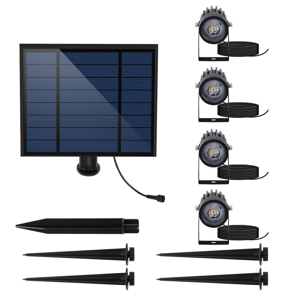 Four solar spotlights connected with a 4-in-1 remote solar panel to prick or fix Powerful cold white LED lighting 4x ROUNDY H27 cm