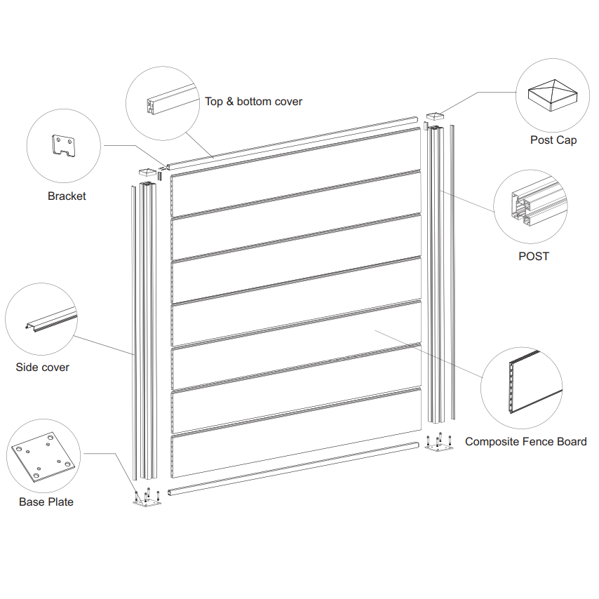 Garden fence kit with blackout composite wood and aluminum panels - Basic set + 4 extensions: length 9.42m