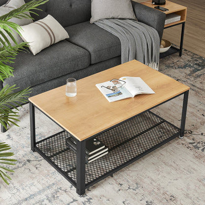 Industrial Design Coffee Table with Large Top JACKY Adjustable Feet Floor Protection Metal Frame - Stable - Light Oak